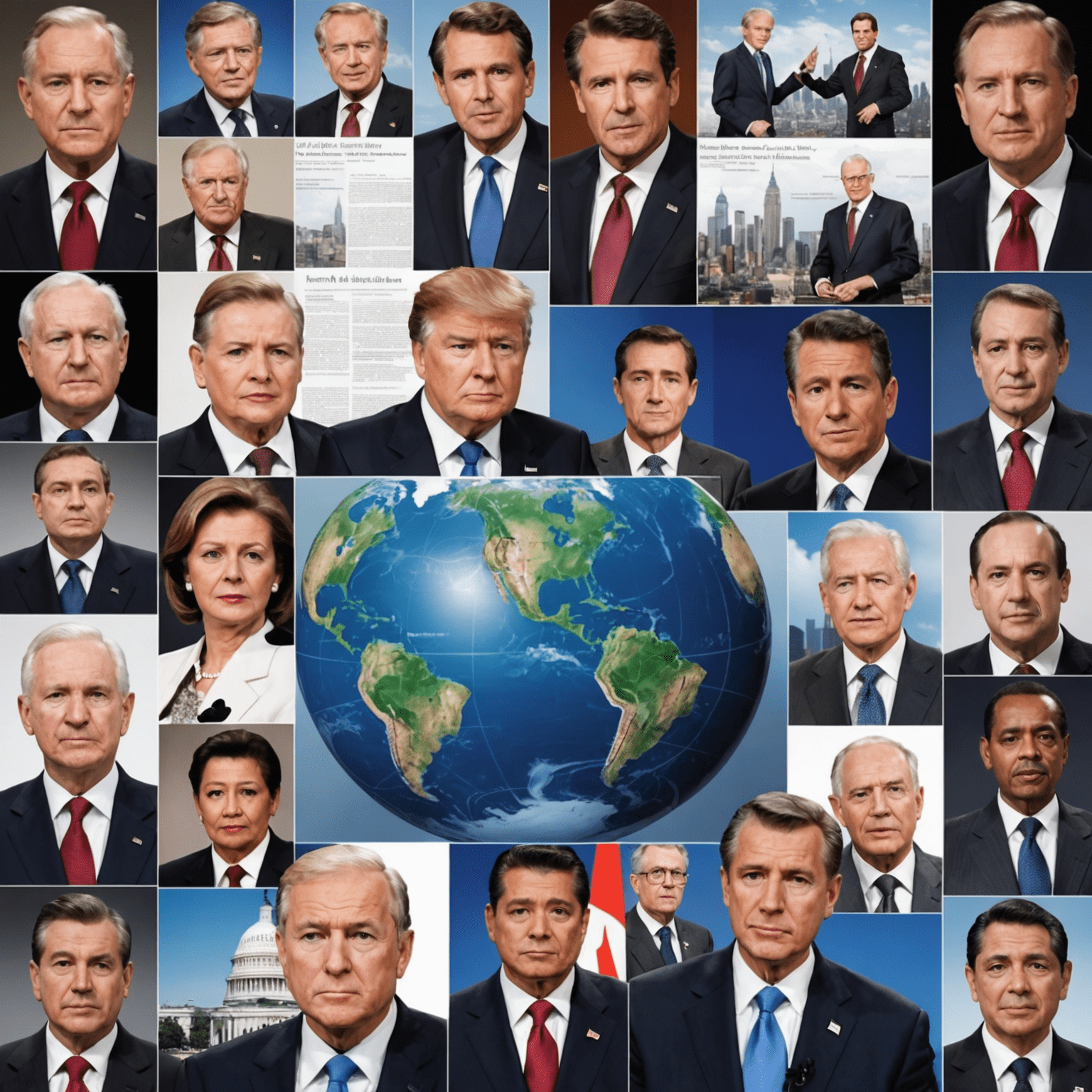 Collage of various world news images, including political leaders, economic graphs, and major global events