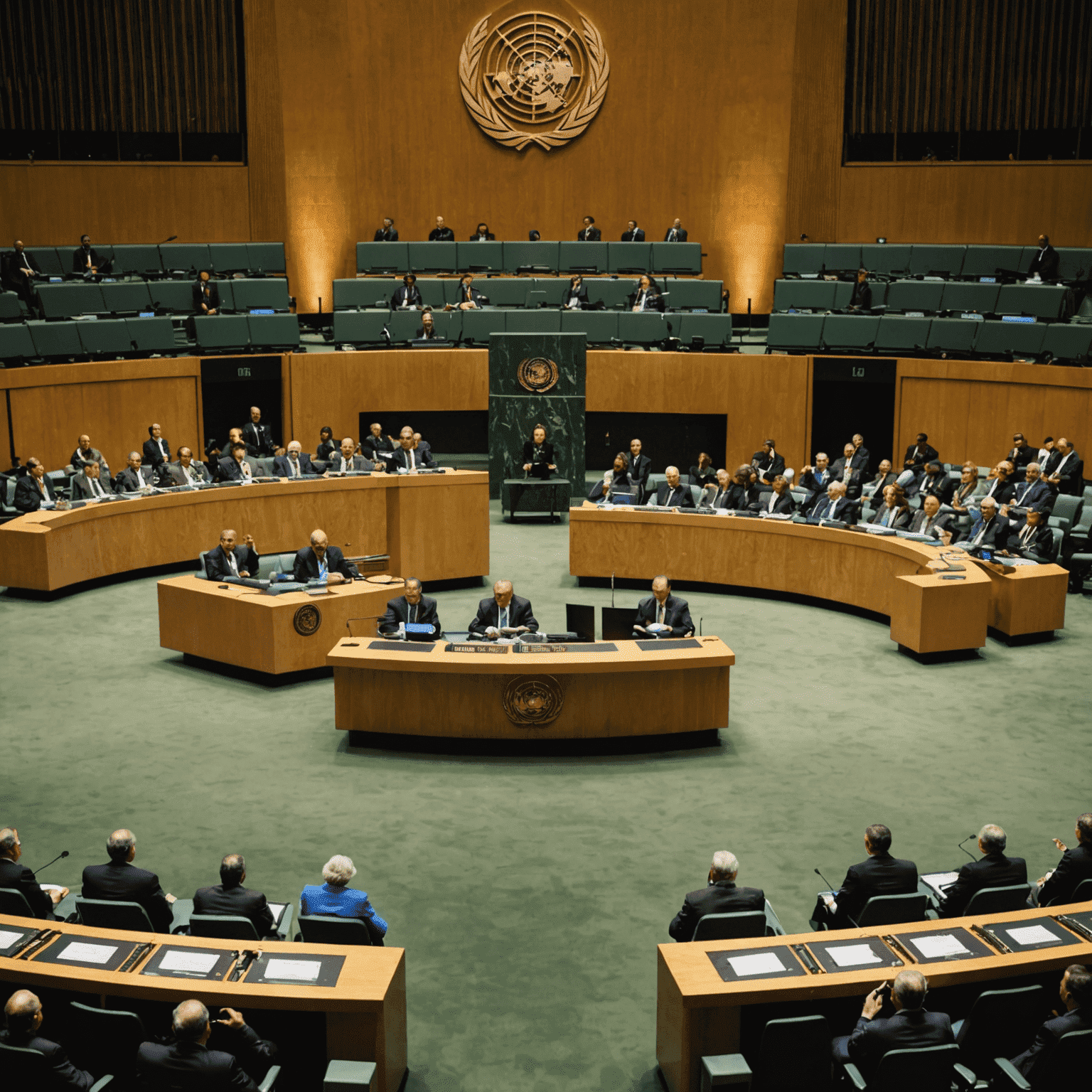 The United Nations General Assembly in session, with representatives from various countries seated at desks with their country's nameplate in front of them.