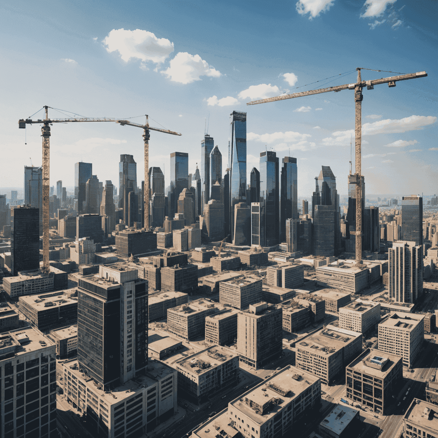 A panoramic view of a bustling city skyline in an emerging economy, with modern skyscrapers and construction cranes visible, symbolizing rapid growth and development.