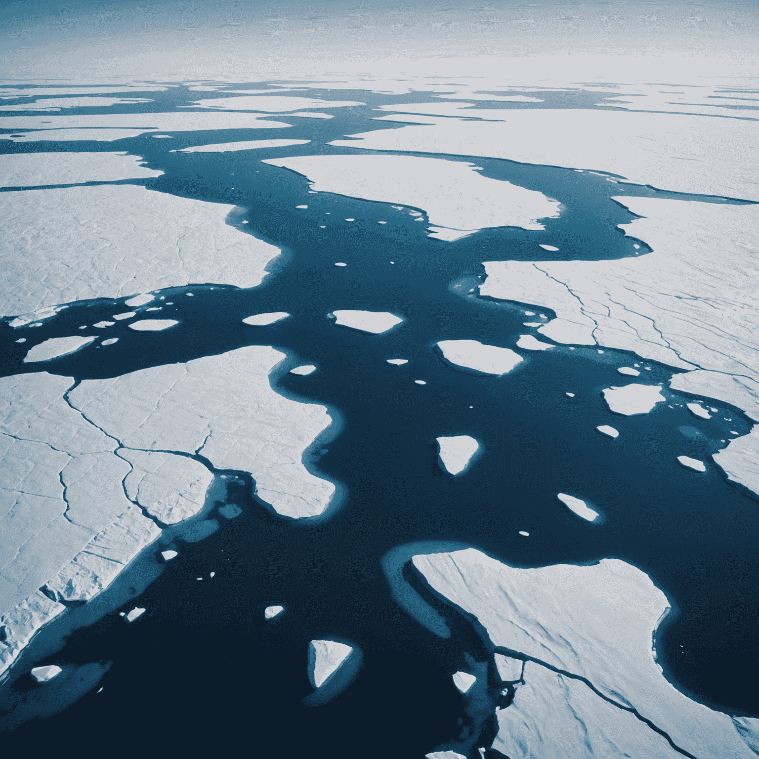 Aerial view of melting Arctic ice sheets, showing vast expanses of open water where ice used to be