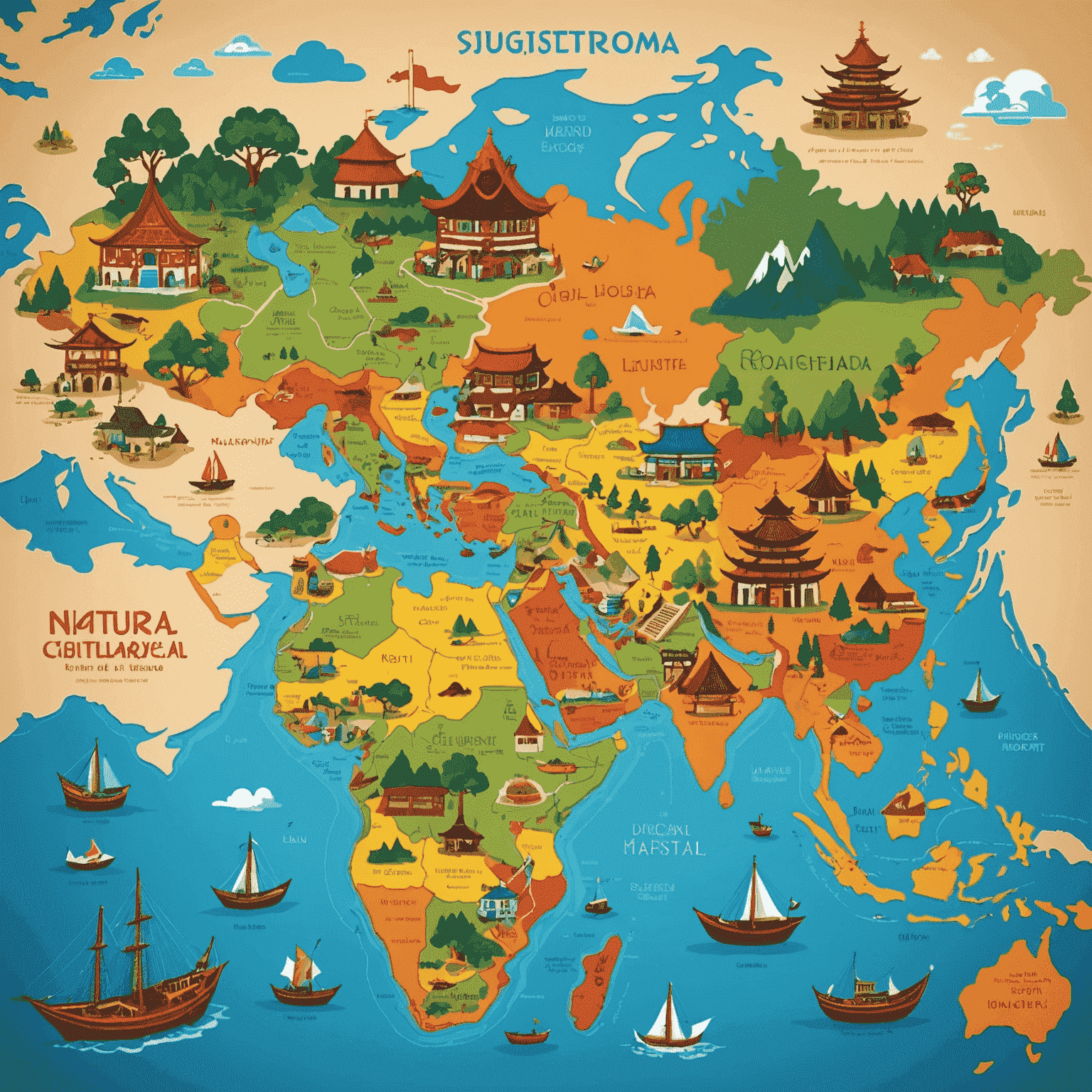 A colorful world map highlighting different regions and their unique cultural elements, such as traditional clothing, architecture, food, and art.