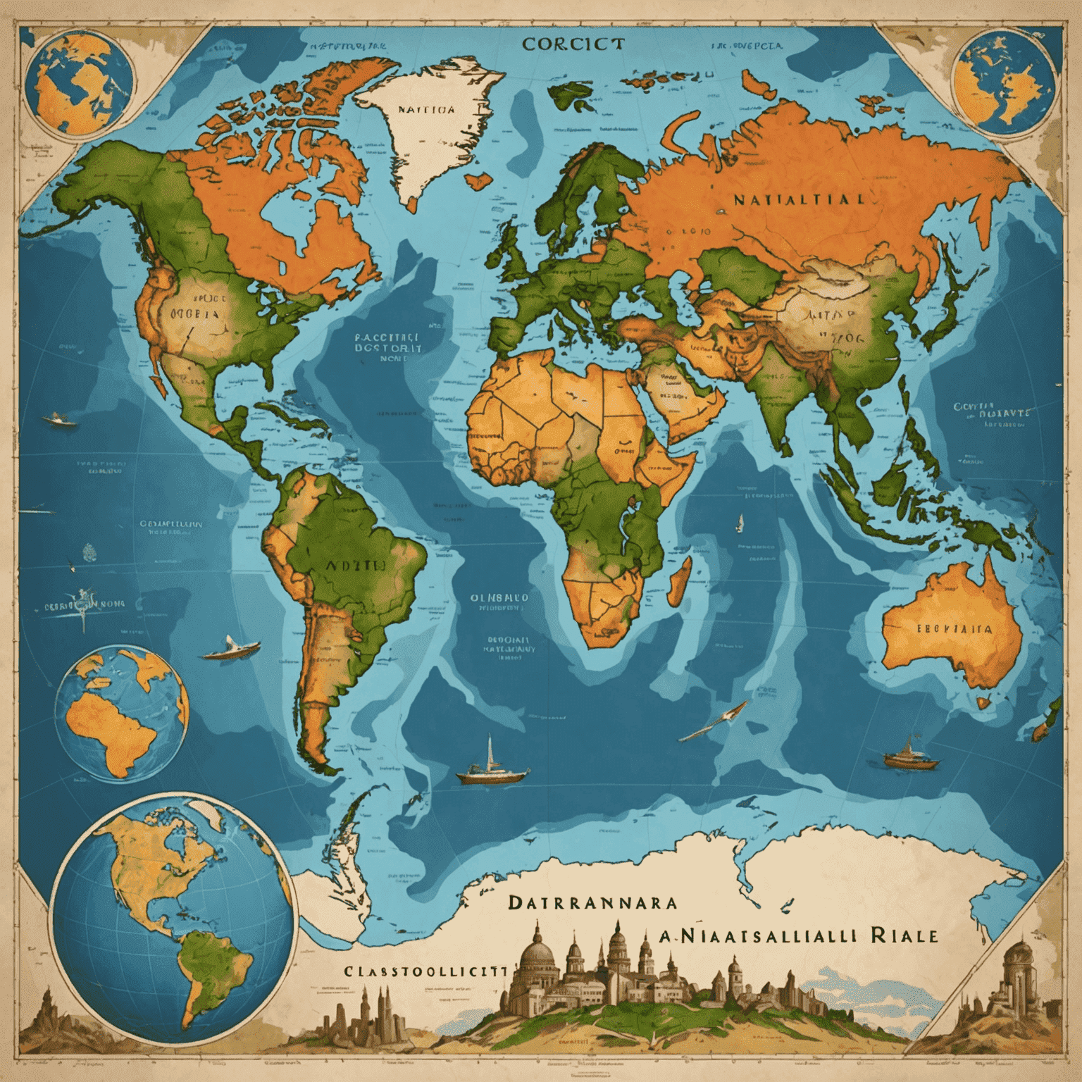 Image of a world map with various global issues highlighted, such as climate change, poverty, and geopolitical conflicts