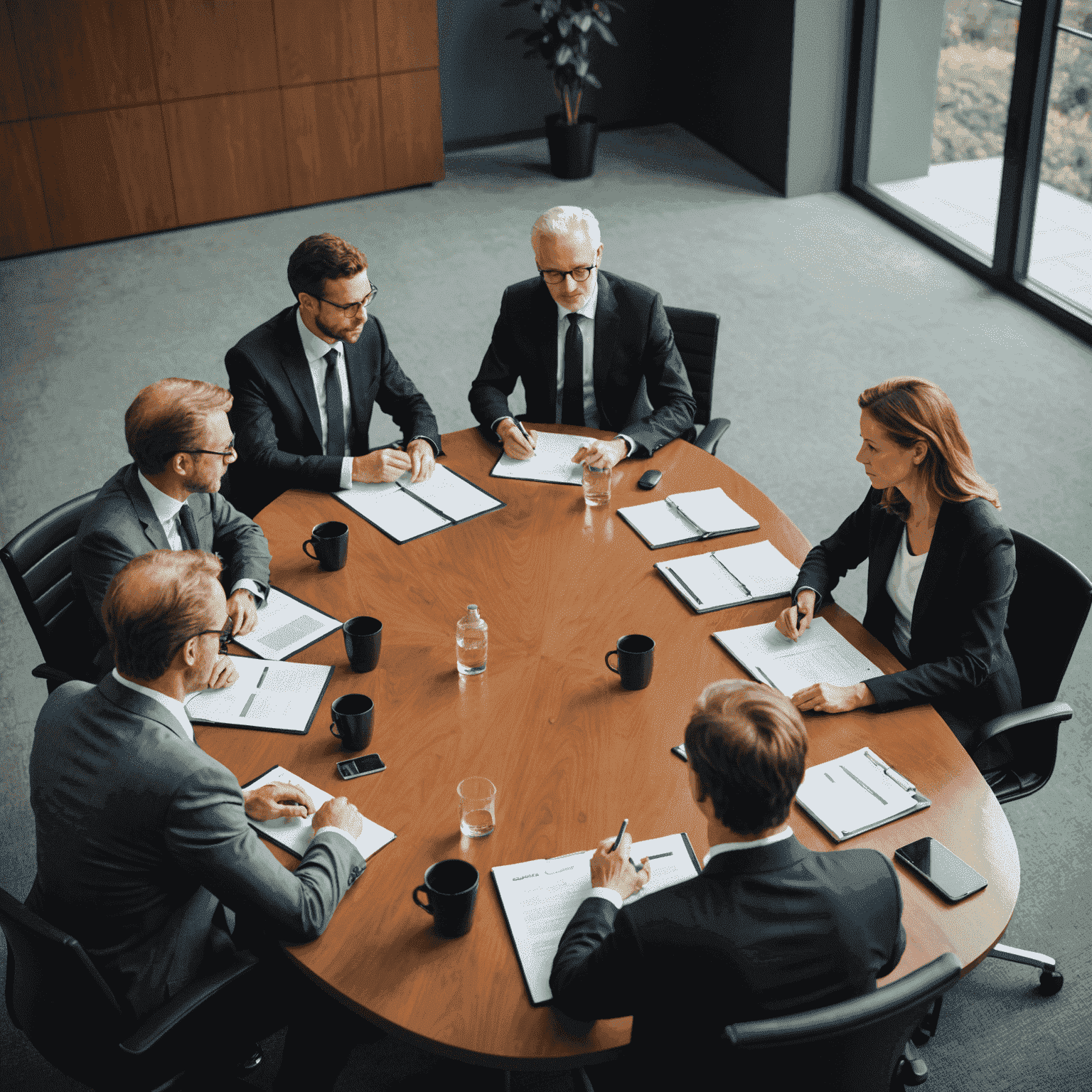 A group of experts discussing and analyzing complex global issues at a conference table