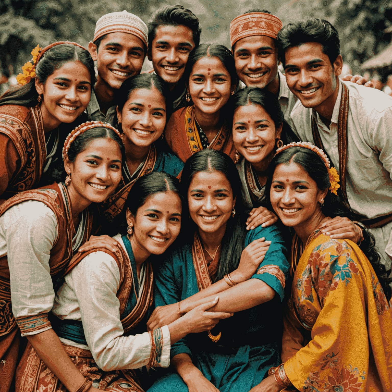 A group of people from various culturalnic backgrounds, dressed in their traditional attire, smiling and embracing each other, symbolizing unity in diversity.