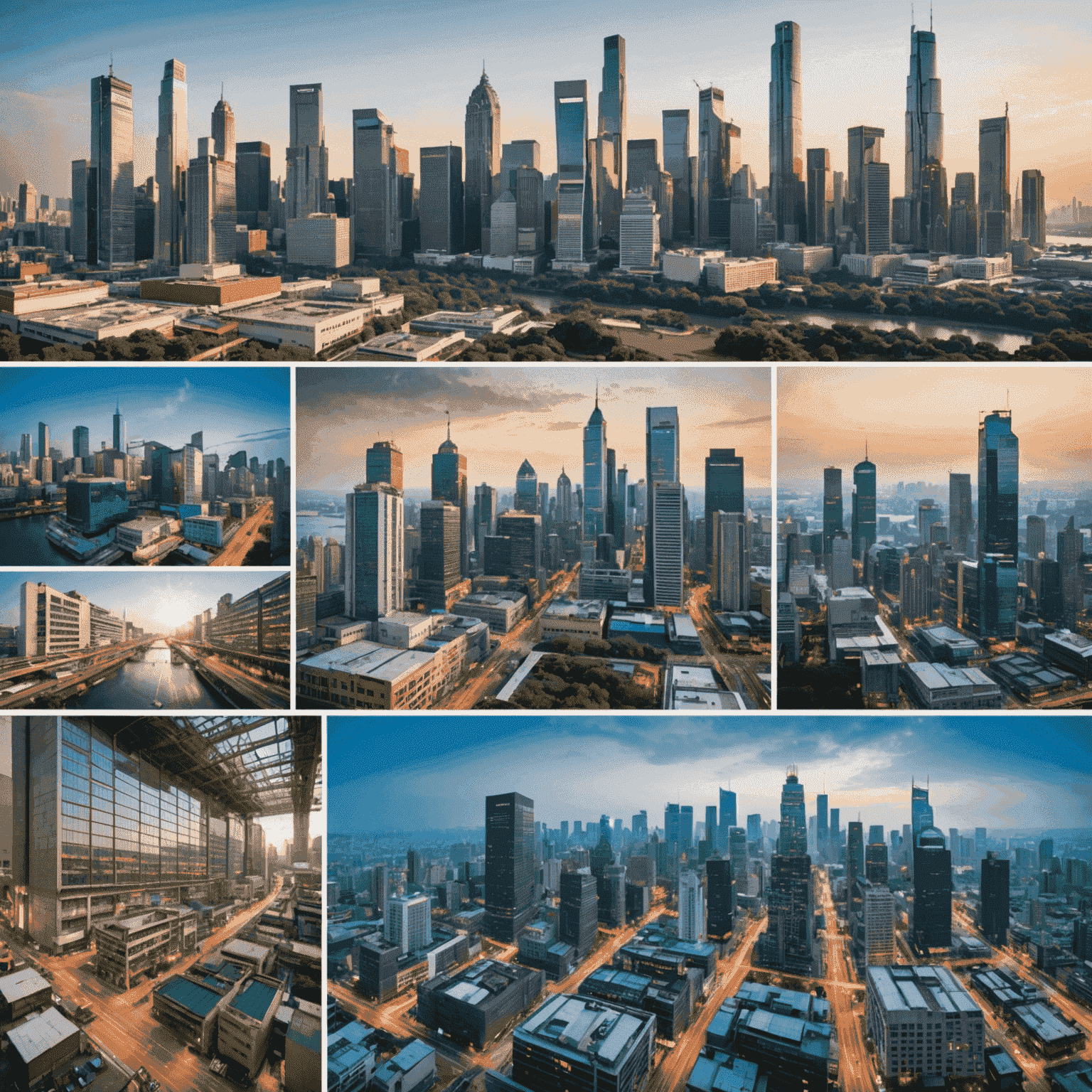 Montage of images showcasing emerging economies, including bustling city skylines, manufacturing plants, and young professionals