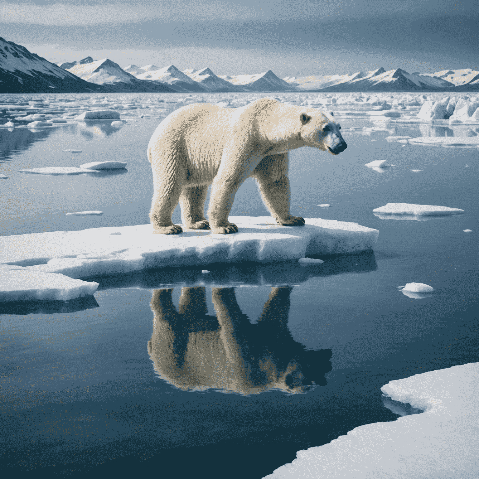 A polar bear on a melting ice floe, symbolizing the impact of climate change on the environment